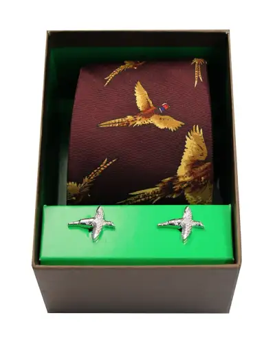 Cufflinks Soprano Ties Wine Flying Pheasants Silk Tie and Cufflink Set £40.00