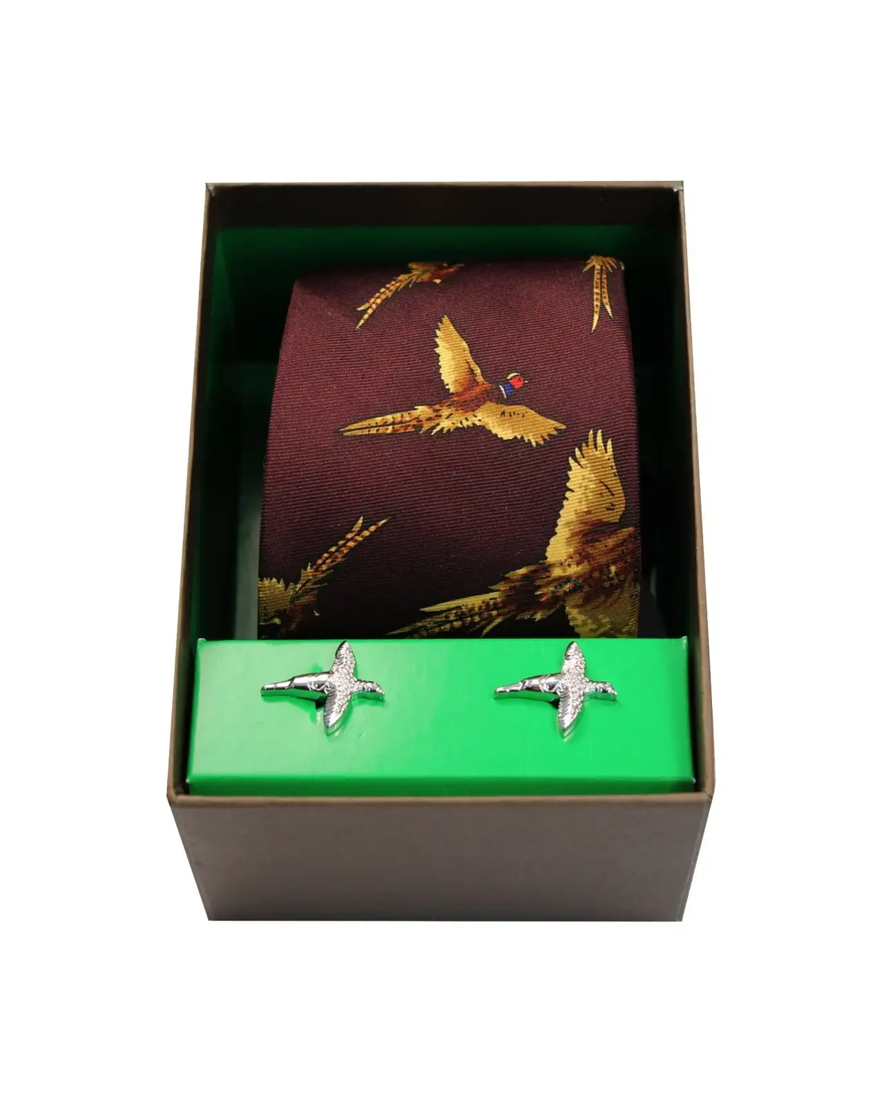 Cufflinks Soprano Ties Wine Flying Pheasants Silk Tie and Cufflink Set £40.00
