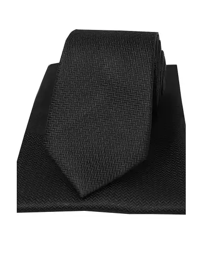 Soprano Black Herringbone Silk Tie And Hanky Set | Soprano Ties ST ZTPSWS0974 Silk Hankie