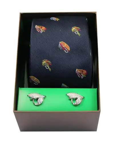 Cufflinks Soprano Ties Fishing Flies On Navy Ground Tie And Cufflink Set £40.00