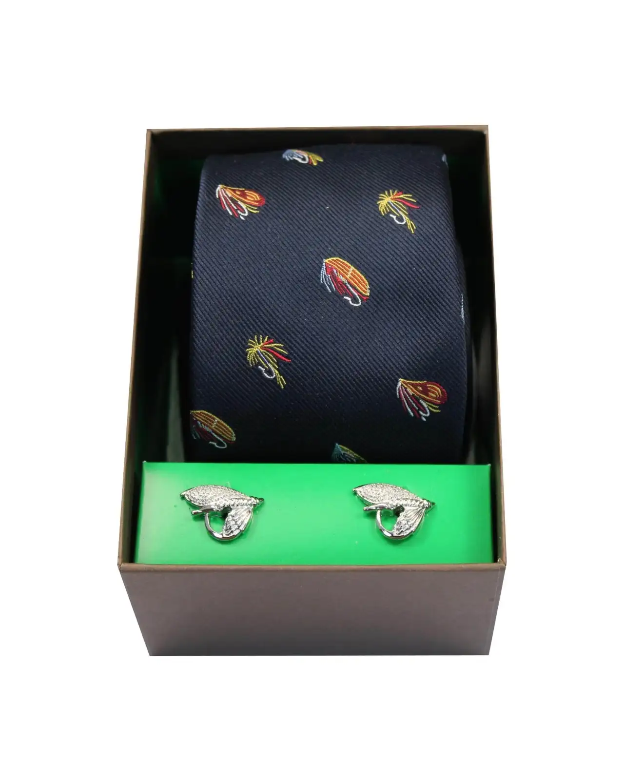 Cufflinks Soprano Ties Fishing Flies On Navy Ground Tie And Cufflink Set £40.00
