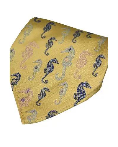 Posh &amp; Dandy Gold Multi Coloured Sea Horses Silk Pocket Hanky | Soprano Ties ST HANK PD282 Silk Hankie