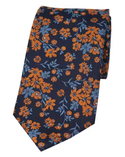 Silk Ties Soprano Ties Soprano Navy Ground Blue And Burnt Orange Flowers Silk Tie £21.00