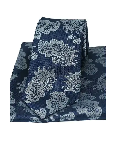 Soprano Large Navy Floral Woven Silk Tie And Pocket Square | Soprano Ties ST TPSZWST0509 Silk Hankie