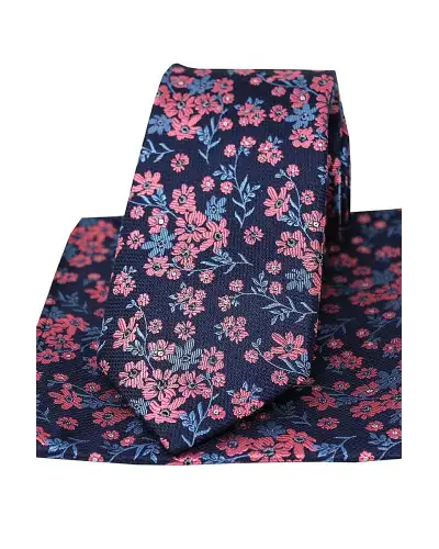 Soprano Navy Ground Blue And Fuchsia Flowers Silk Tie And Hanky | Soprano Ties ST TPSYWRS52 Silk Hankie