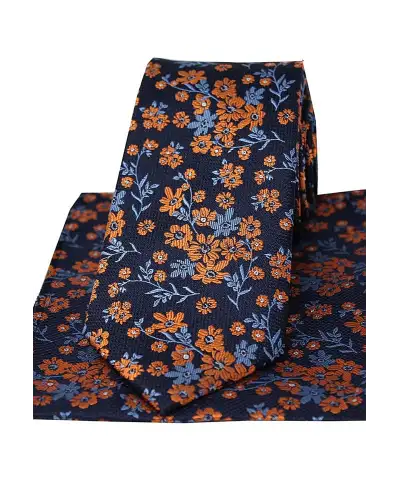 Soprano Navy Ground Blue And Burnt Orange Flowers Silk Tie And Hanky | Soprano Ties ST TPSYWRS51 Silk Hankie