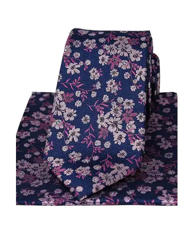 Soprano Navy Ground Pink And Fuchsia Flowers Silk Tie And Hanky | Soprano Ties ST TPSYWRS50 Silk Hankie