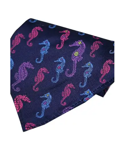 Silk Hankies Soprano Ties Posh and Dandy Navy Multi Coloured Sea Horses Silk Pocket Hanky £9.00