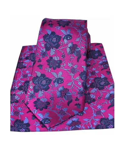 Soprano Fuchsia Blue &amp; Navy Floral Silk Tie And Pocket Square | Soprano Ties ST TPSYWS9769 Silk Hankie
