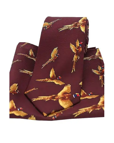 Soprano Flying Pheasants Wine Ground Country Silk Tie And Pocket Square | Soprano Ties ST TPSNOV308 Silk Hankie