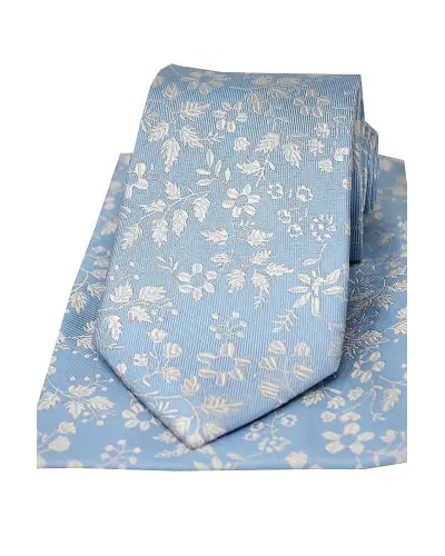 Soprano Sky Blue With White Flowers Silk Tie And Pocket Square | Soprano Ties ST TPSYWRS0017 Silk Hankie