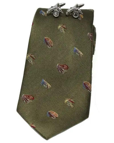 Cufflinks Soprano Ties Soprano Country Green Fishing Flies Tie And Cufflink Set £40.00
