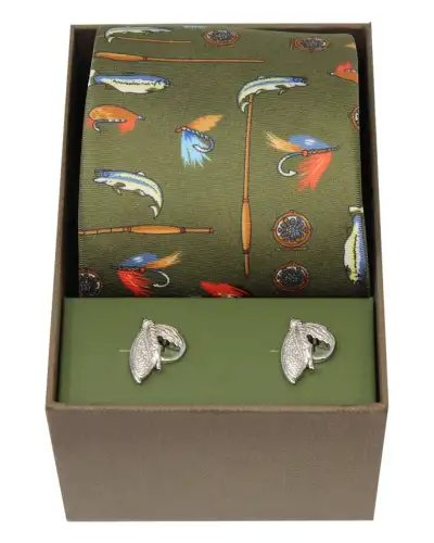 Cufflinks Soprano Ties Soprano Country Green Fishing Tackle Silk Tie And Cufflink Set £40.00