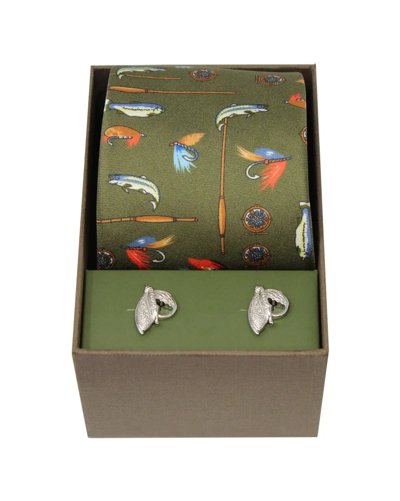 Cufflinks Soprano Ties Soprano Country Green Fishing Tackle Silk Tie And Cufflink Set £40.00
