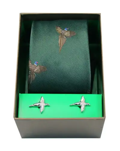 Cufflinks Soprano Ties Flying Pheasants On Forest Green Ground Tie and Cufflink Set £40.00