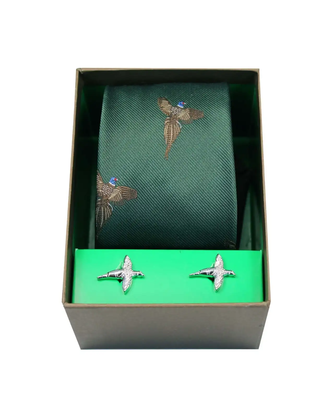 Cufflinks Soprano Ties Flying Pheasants On Forest Green Ground Tie and Cufflink Set £40.00