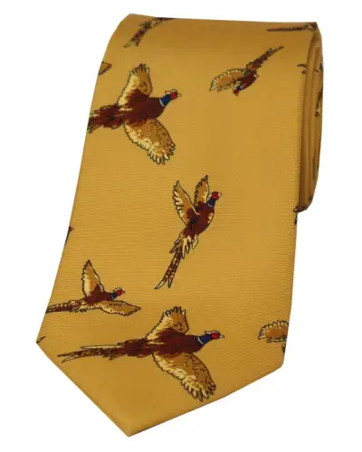 Silk Ties Soprano Ties Soprano Flying Pheasants On Mustard Ground Country Silk Tie £23.00