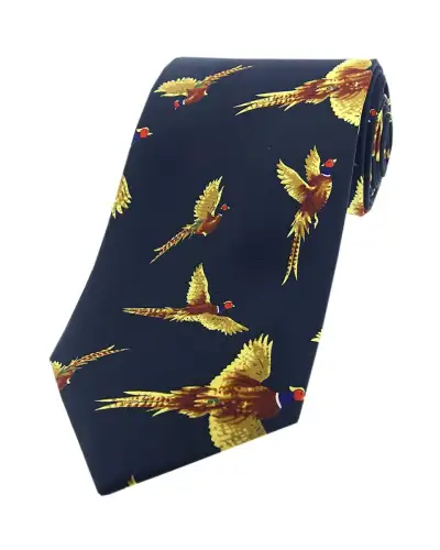 Silk Ties Soprano Ties Soprano Flying Pheasants On Navy Ground Country Silk Tie £23.00
