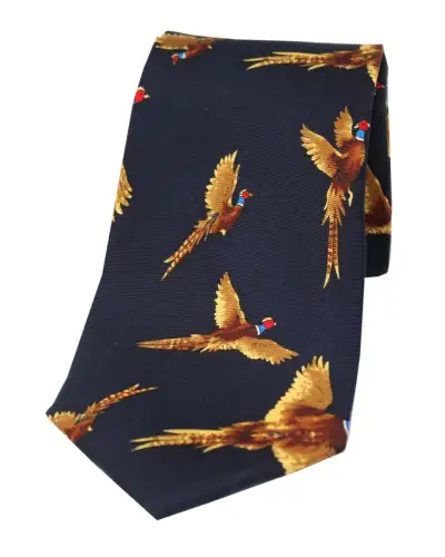 Silk Ties Soprano Ties Soprano Flying Pheasants On Navy Ground Country Silk Tie £23.00