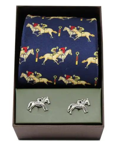 Gift Sets Soprano Ties Soprano Navy Horse Racing Silk Tie and Cufflink Gift Box Set £40.00