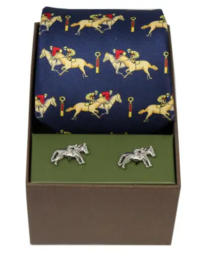 Gift Sets Soprano Ties Soprano Navy Horse Racing Silk Tie and Cufflink Gift Box Set £40.00