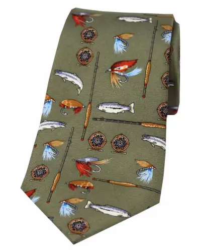 Silk Ties Soprano Ties Soprano Fishing Tackle On Country Green Ground Country Silk Tie £23.00