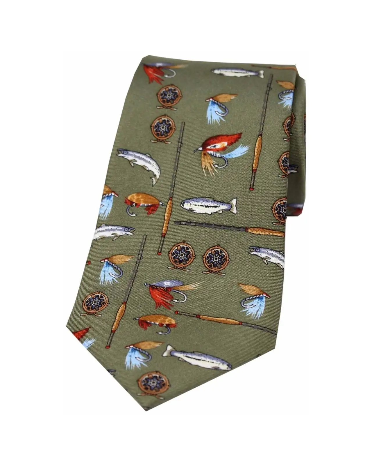 Silk Ties Soprano Ties Soprano Fishing Tackle On Country Green Ground Country Silk Tie £23.00