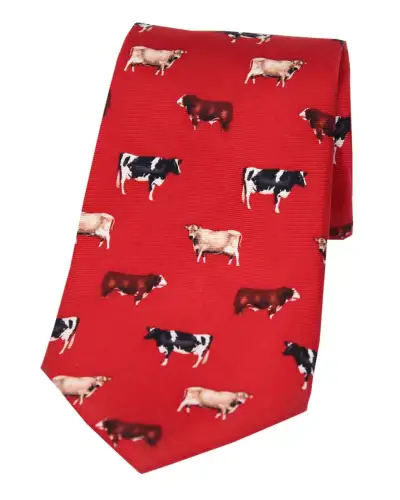 Silk Ties Soprano Ties Soprano Cow Breeds On Red Ground Country Silk Tie £18.00