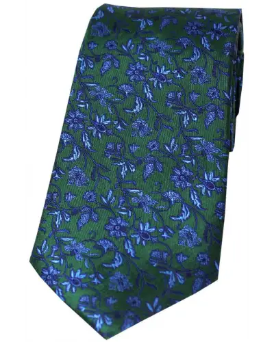 Silk Ties Soprano Ties Soprano Forest Green With Small Blue Flowers Silk Tie £24.00