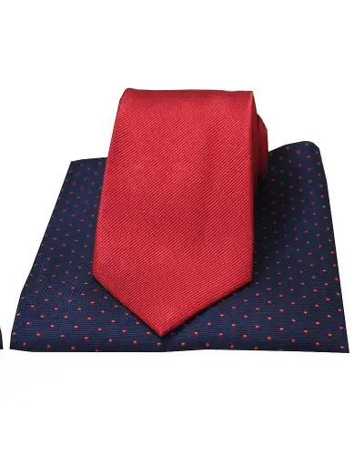 Soprano Plain Red Silk Tie With Navy Polka Dot Silk Hanky | Soprano Ties ST TPS0494 Silk Hankie