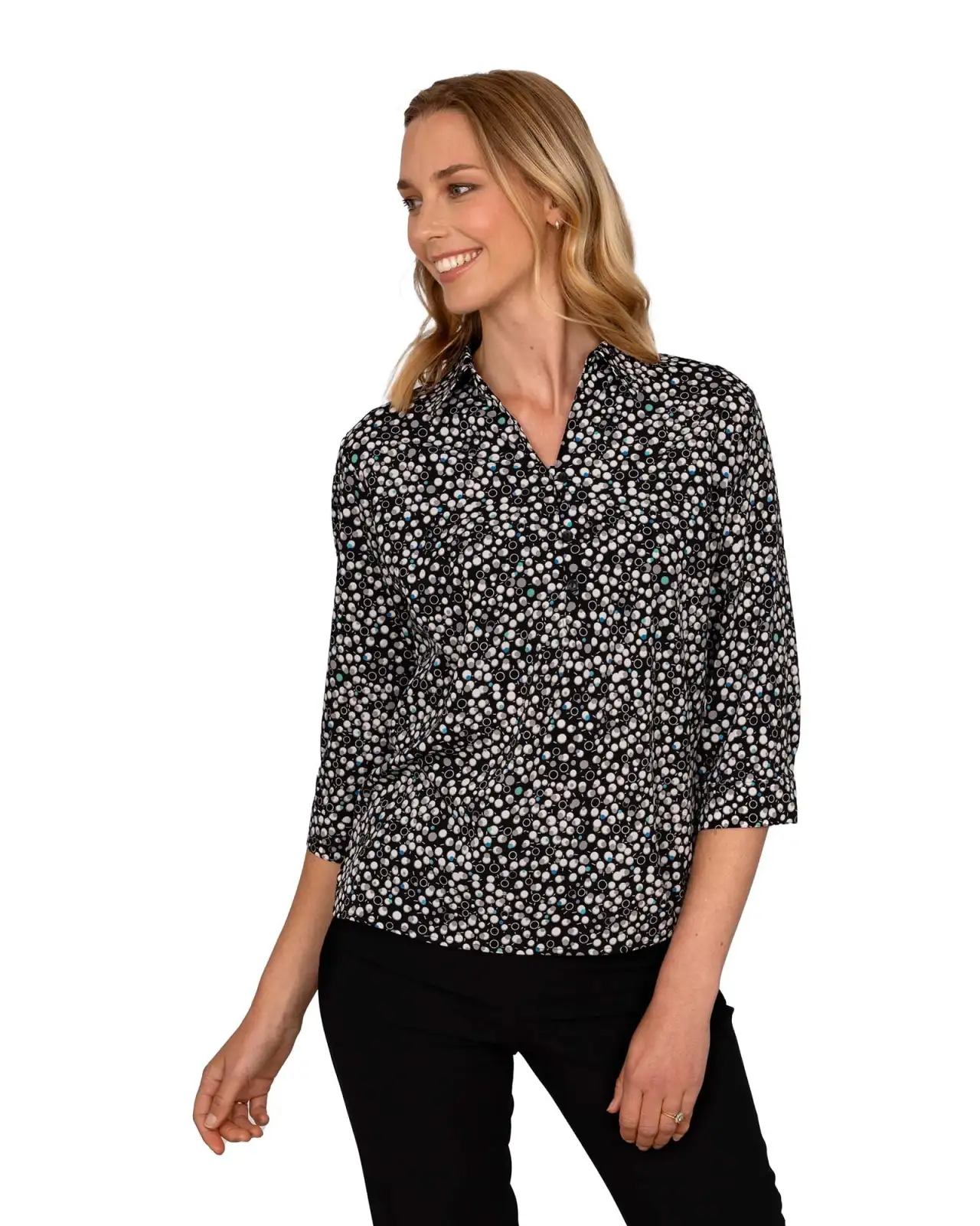 Tops Vortex Designs Evie Black Bubble 3 4 Sleeve With Collar £28.00