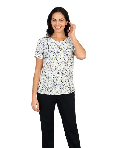 Tops Vortex Designs Paige Yellow Blue Button Neck Short Sleeve £27.00