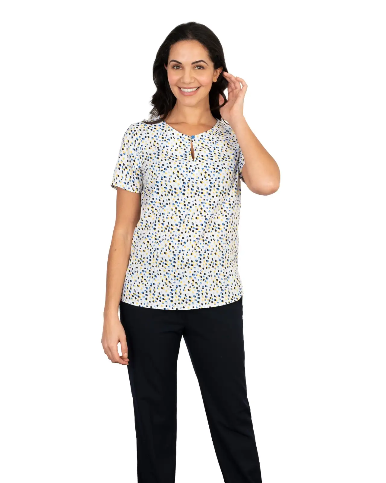 Tops Vortex Designs Paige Yellow Blue Button Neck Short Sleeve £27.00