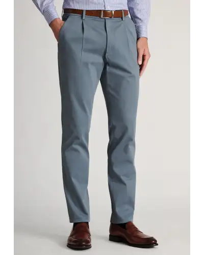 Trousers Brook Taverner Tapered Fit Parlington Blue Single Pleat Italian Stretch Cotton Trousers £62.00