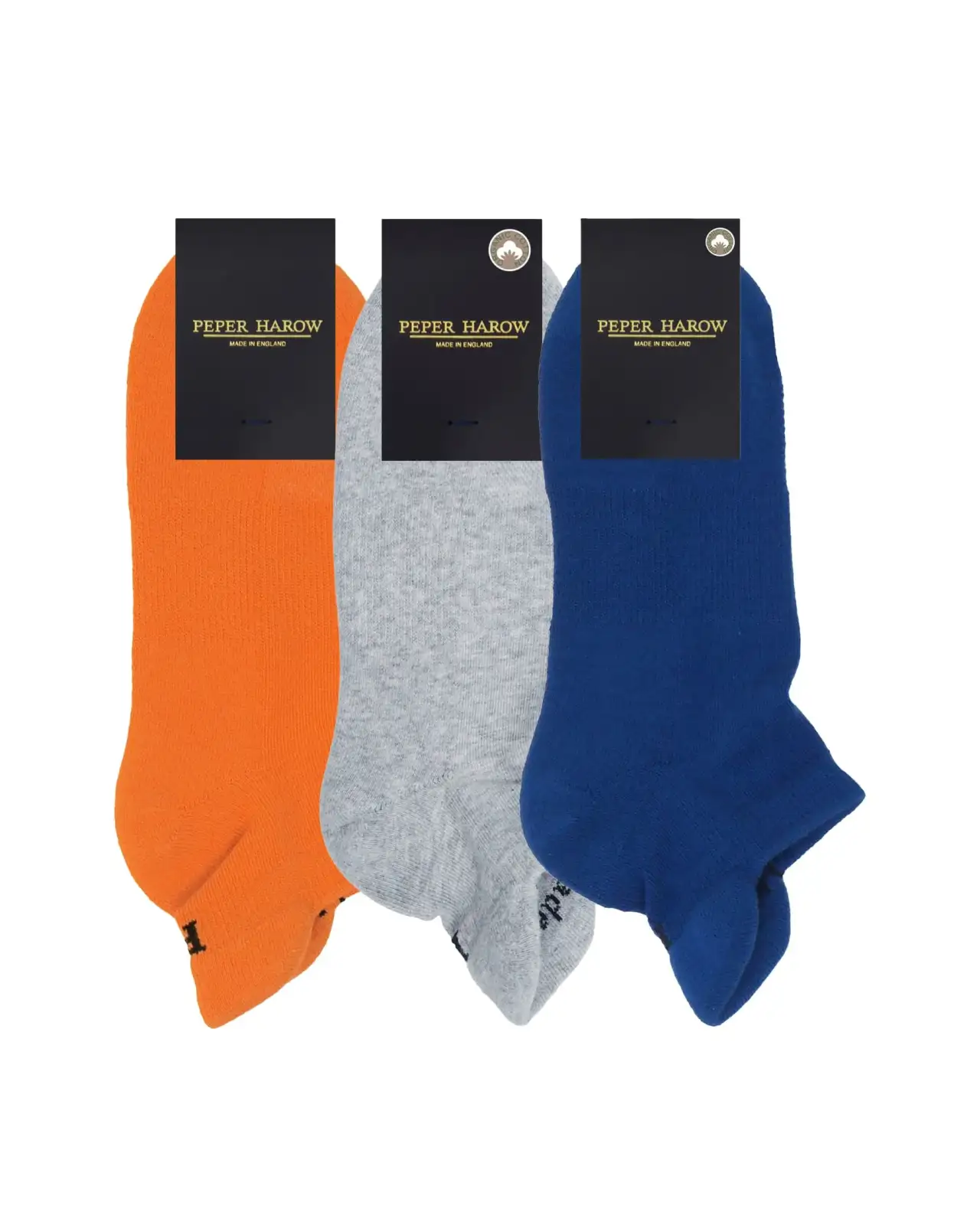 Sport PEPER HAROW MenS Organic Trainer Sports Sock 3 Pack - Orange Grey And Blue £36.00