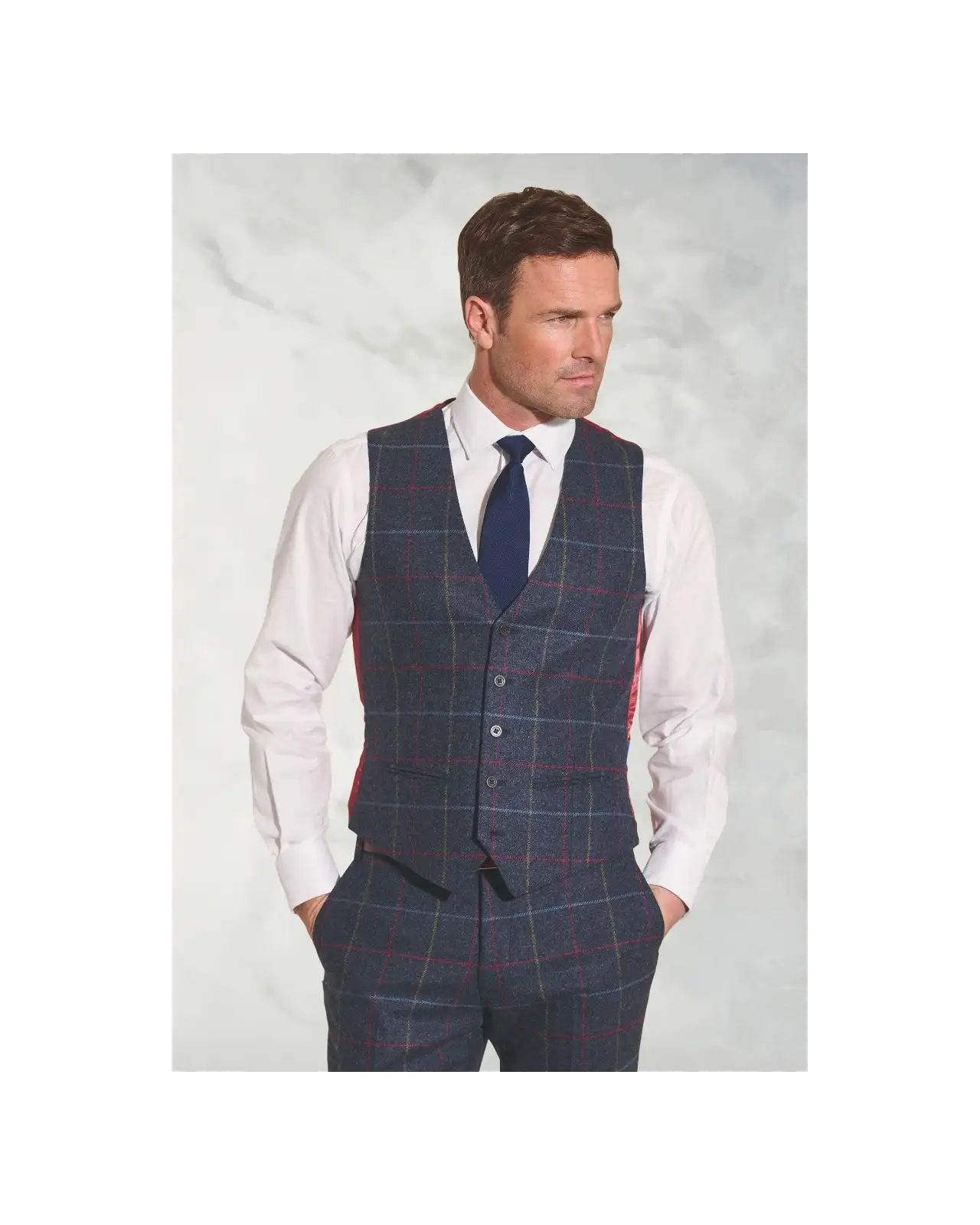 Three Piece Suits Brook Taverner Tailored Fit Haincliffe Blue Check Wool Waistcoat £90.00