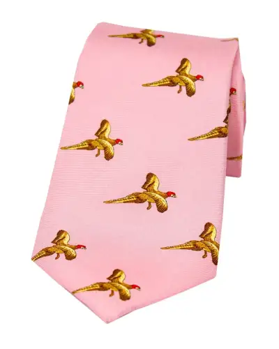 Silk Ties Soprano Ties Soprano Flying Pheasants On Pink Ground Country Silk Tie £23.00