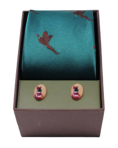 Flying Pheasants On Teal Ground Tie &amp; Cufflink Set | Soprano Ties ST GBWC80 pair of Cufflinks
