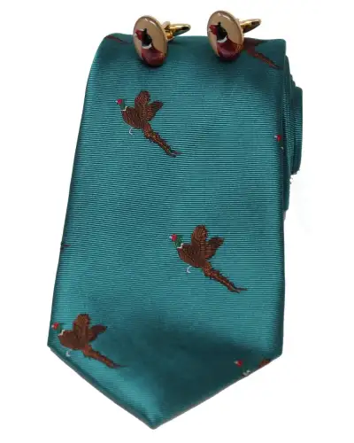 Cufflinks Soprano Ties Flying Pheasants On Teal Ground Tie and Cufflink Set £40.00