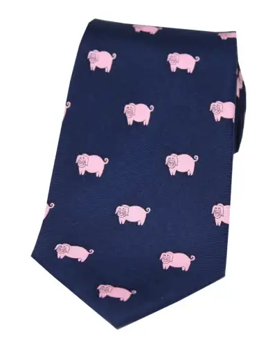 Silk Ties Soprano Ties Soprano Pink Pigs On Navy Blue Ground Country Silk Tie £23.00