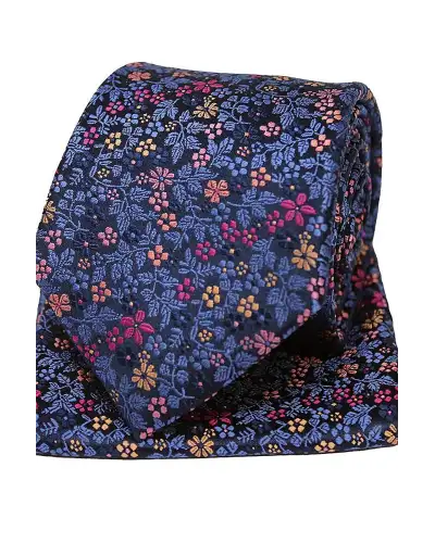 Silk Hankies Soprano Ties Posh and Dandy Navy Blue Ground With Multi Coloured Flowers Silk Tie and Hanky £45.00