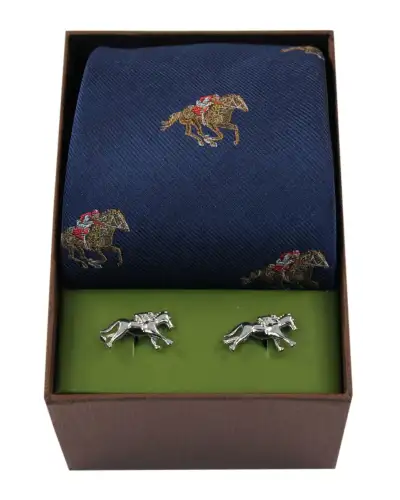Gift Sets Soprano Ties Navy Horse Racing Silk Tie And Cufflink Gift Box Set £40.00