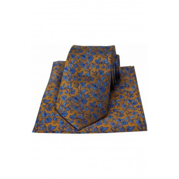 Silk Hankies Soprano Ties Soprano Dark Gold With Small Blue Flowers Silk Tie and Pocket Square £34.00