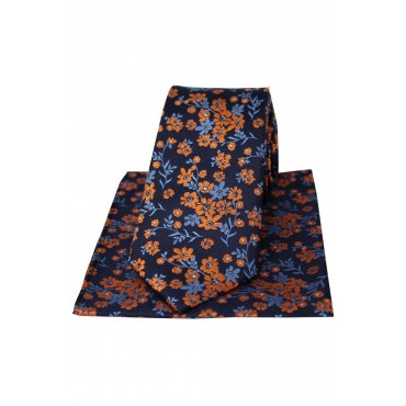 Silk Hankies Soprano Ties Soprano Navy Ground Blue And Burnt Orange Flowers Silk Tie And Hanky £34.00