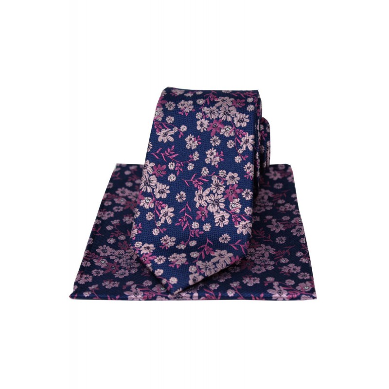 Silk Hankies Soprano Ties Soprano Navy Ground Pink And Fuchsia Flowers Silk Tie And Hanky £34.00