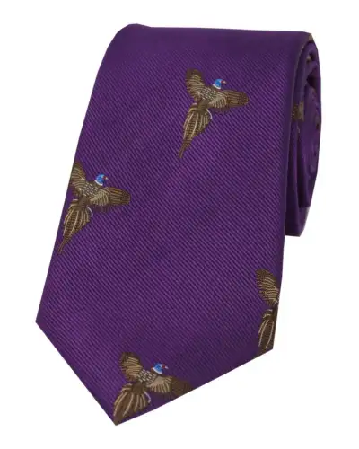 Silk Ties Soprano Ties Soprano Flying Pheasants On Purple Ground Country Silk Tie £24.00