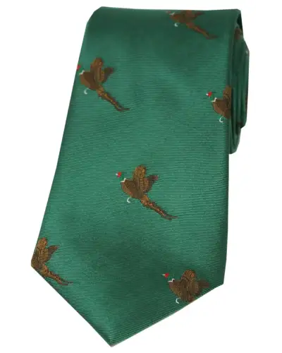 Silk Ties Soprano Ties Soprano Flying Pheasants On Green Ground Country Silk Tie £24.00