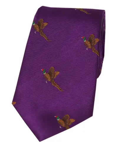 Silk Ties Soprano Ties Soprano Flying Pheasant On Purple Ground Country Silk Tie £24.00
