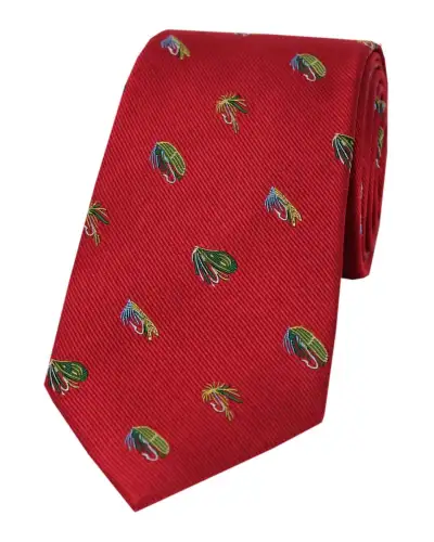 Silk Ties Soprano Ties Soprano Fishing Flies On Red Ground Country Silk Tie £18.00