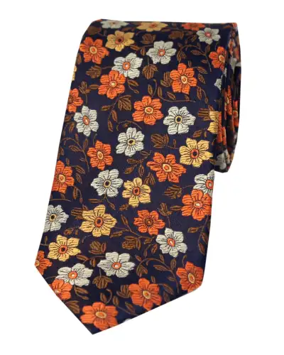 Silk Ties Soprano Ties Soprano Dark Navy Ground With Orange Bronze Ivory Flowers And Brown Leaves Pattern Silk Tie £22.00